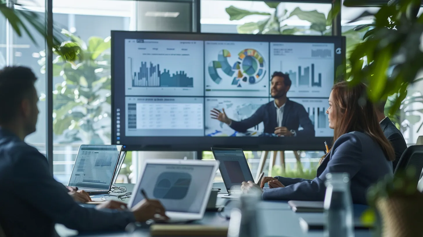 a sleek, modern office space showcasing a diverse team engaged in a dynamic brainstorming session around a digital screen displaying vibrant infographics on seo strategies and digital marketing growth.