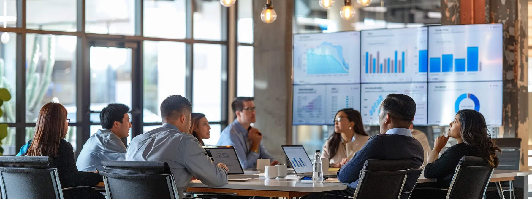 a sleek, modern office conference room showcases a diverse team engaged in a dynamic discussion, surrounded by digital screens displaying vivid graphs and analytics that highlight the successful impact of otto in seo campaigns.