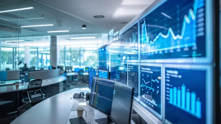 a sleek, modern office space filled with high-tech screens displaying dynamic analytics and graphs, highlighting the effectiveness of a top seo company in action.