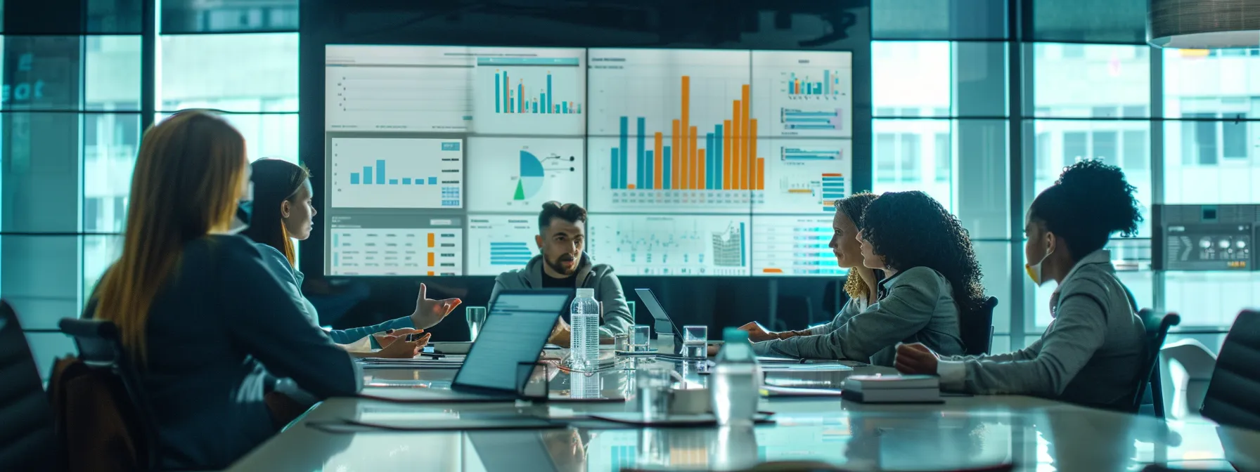 a sleek, modern office environment showcases a diverse team engaged in a dynamic discussion around a large digital screen displaying colorful graphs and charts, symbolizing the evaluation of otto's cost-effectiveness in enhancing seo strategies.