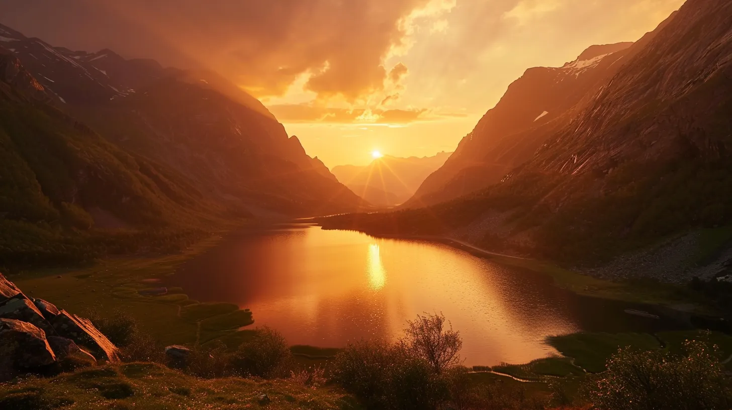 a majestic, sweeping landscape showcases a vibrant sunset casting golden hues over a tranquil lake nestled between towering mountains, creating a serene and enchanting atmosphere.