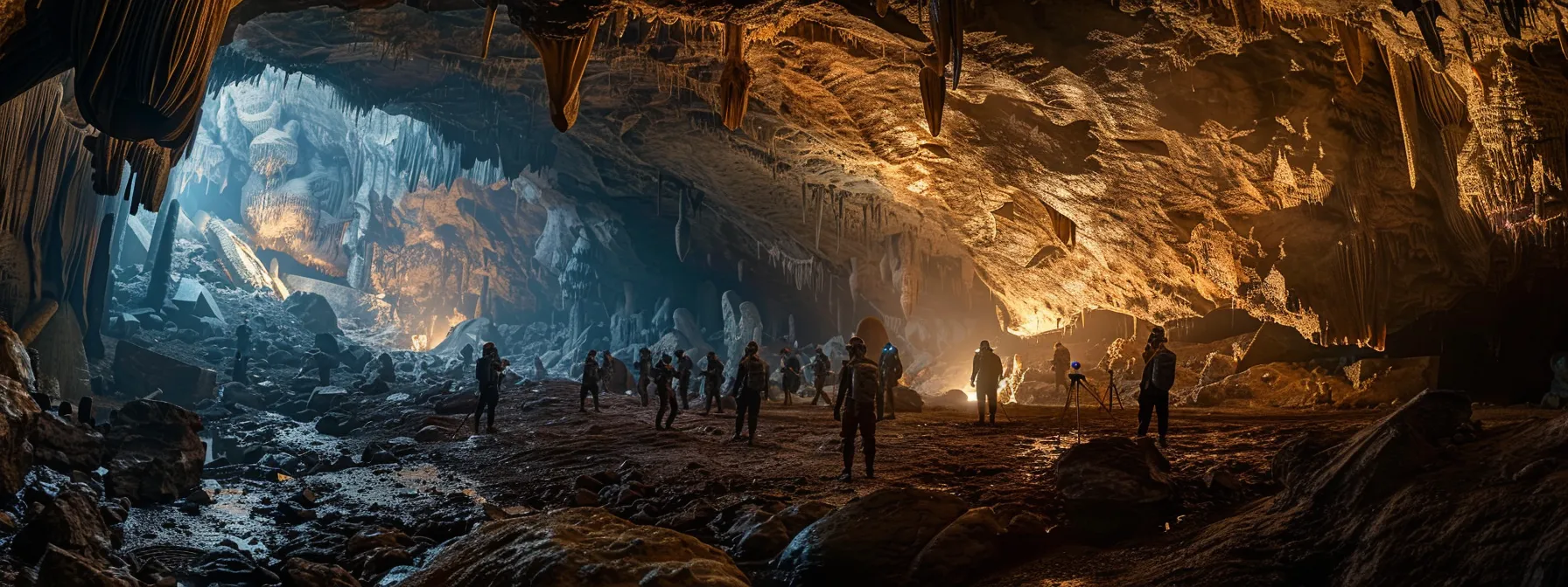 a group of people exploring a dark and mysterious cave filled with mythical creatures.