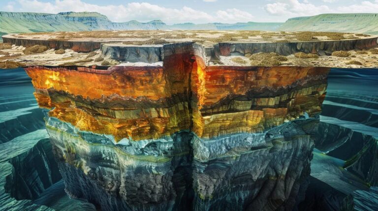 Cross-section of Earth highlighting gold deposits in the core, emphasizing geological composition