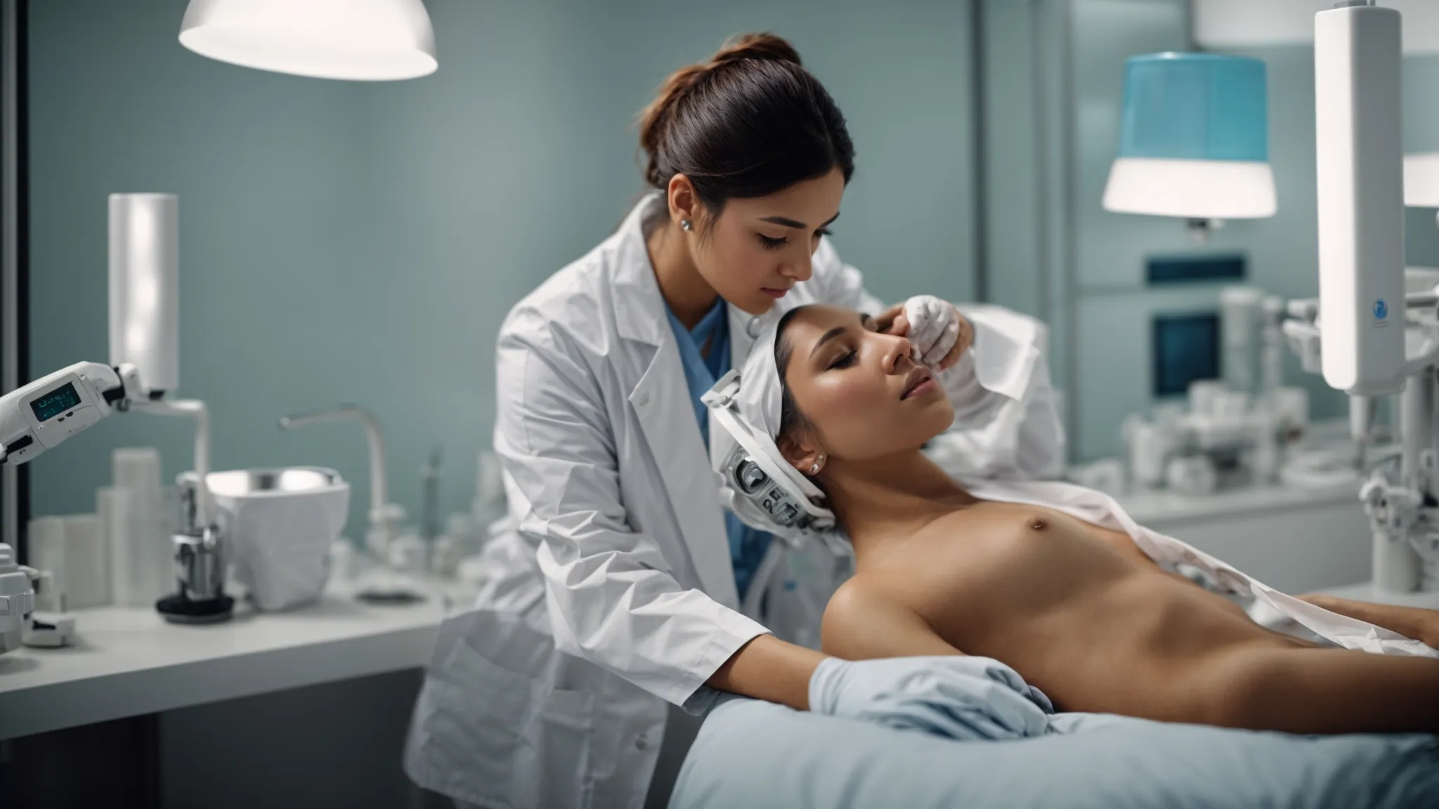 a dermatologist examines a patient's skin using specialized equipment in a modern clinic.