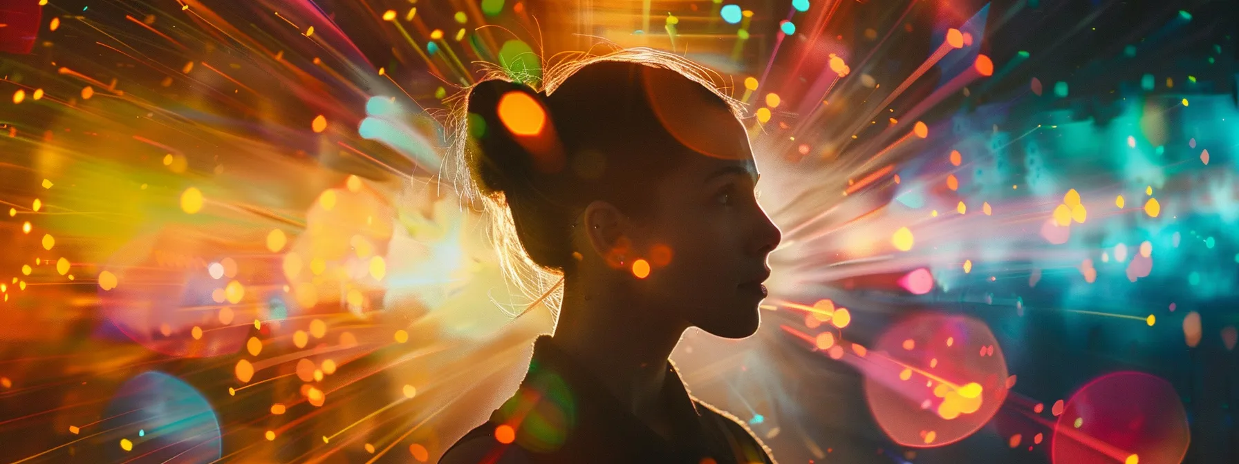a person standing confidently with a determined expression, surrounded by swirling bursts of colorful energy.
