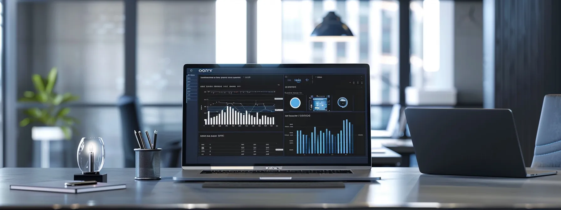 a sleek, modern office workspace showcases a large screen displaying dynamic graphs and analytics, illustrating otto's ai-driven keyword analysis and performance monitoring, with a stylish laptop and digital devices arranged thoughtfully on a polished desk.