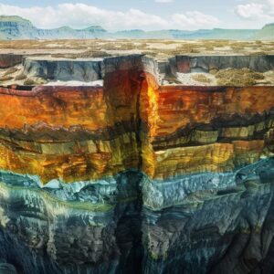 Cross-section of Earth highlighting gold deposits in the core, emphasizing geological composition