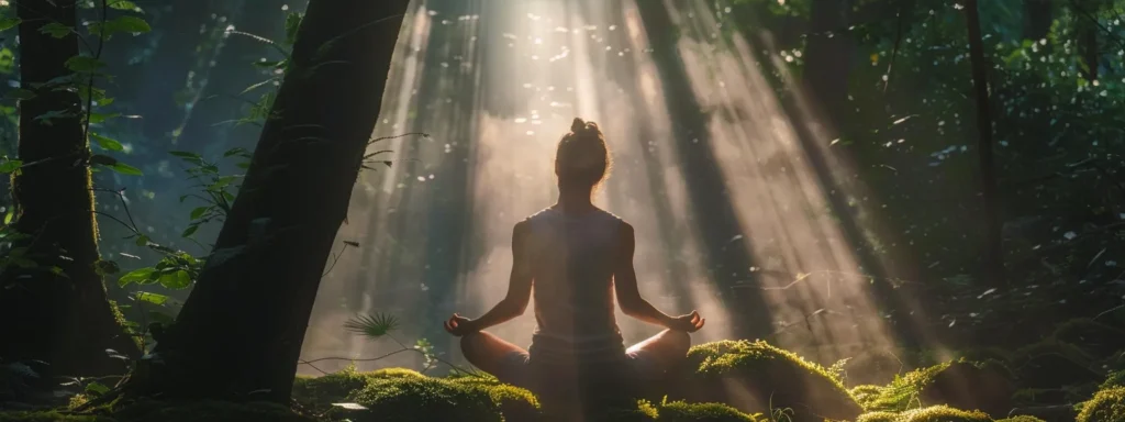 a serene individual sits in a tranquil meditation pose amidst a lush, vibrant forest, surrounded by rays of sunlight filtering through the trees, symbolizing clarity and alignment with their core values for personal growth.
