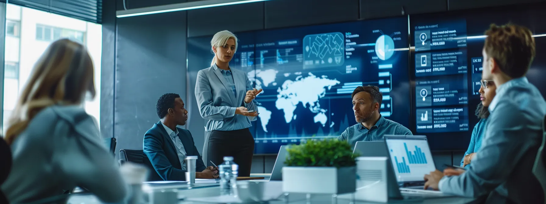 a sleek, modern office environment featuring a diverse group of professionals engaged in a dynamic discussion around a large digital screen displaying infographics on ai ethics and seo automation, highlighting the intersection of technology and responsible practices.