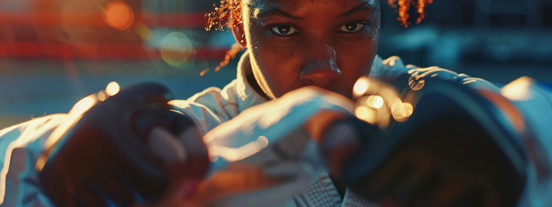 a person in training gear focusing intensely while practicing martial arts moves.