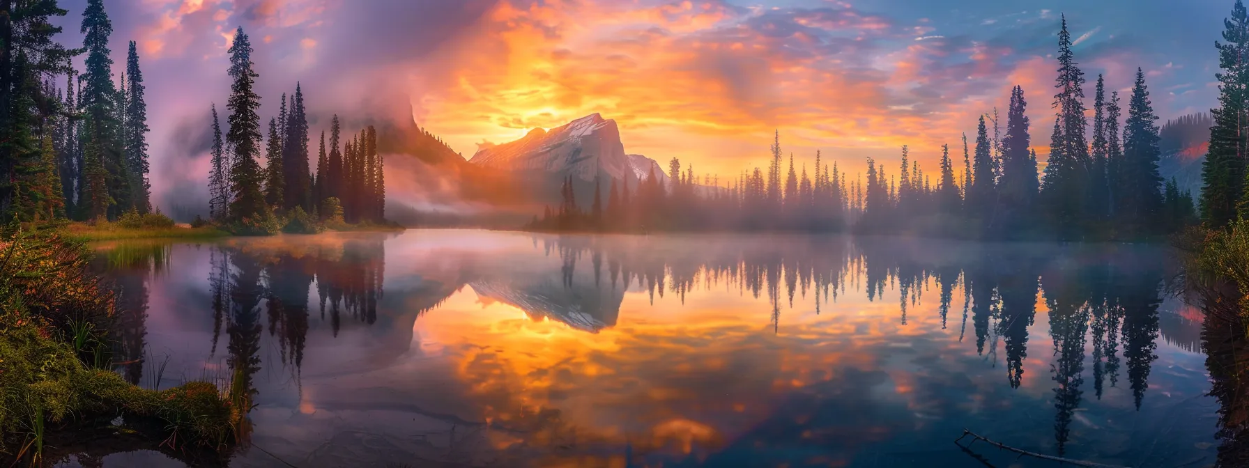 a vibrant sunrise casts golden light over a tranquil lake, where wisps of mist dance above the water's surface, reflecting the colorful hues of dawn and the silhouettes of surrounding trees.