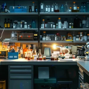 a streamlined and organized laboratory workstation with test tubes and equipment neatly arranged for efficient testing.