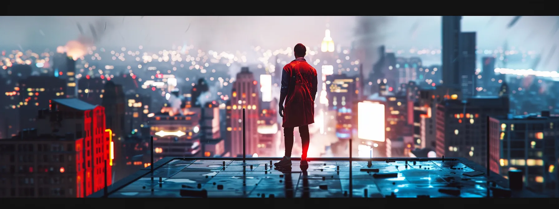a superhero stands on a rooftop, looking out over the city, with a thoughtful expression on their face.
