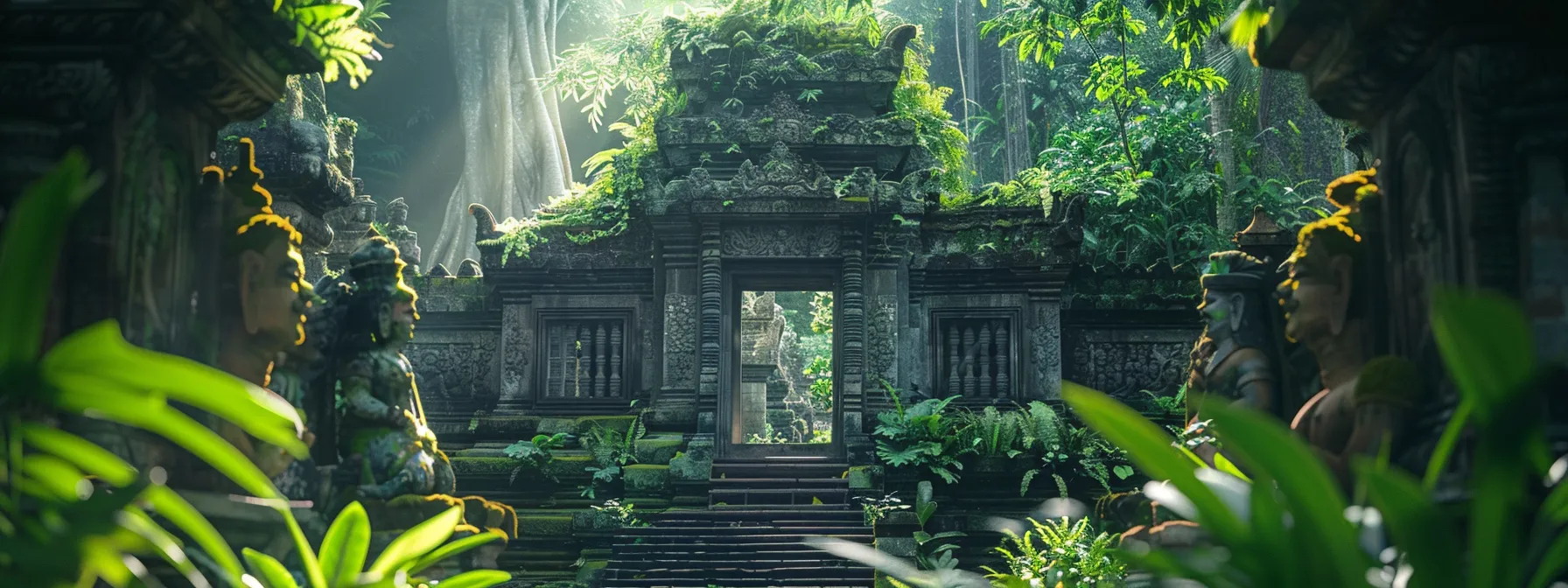 an ancient temple surrounded by lush greenery and statues of gods, depicting a scene from a creation myth.
