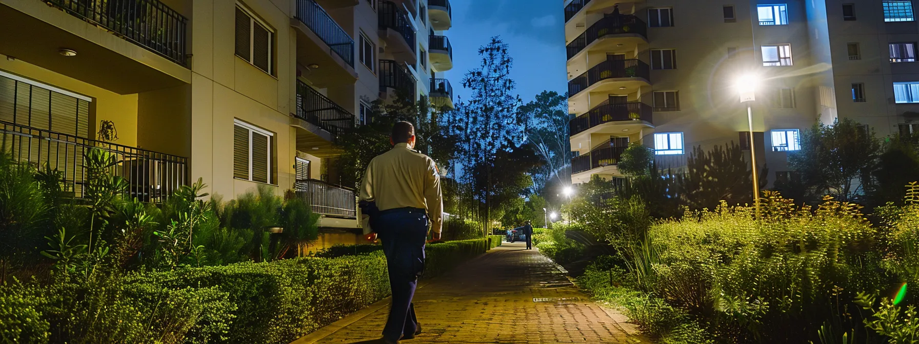 a security guard patrols the grounds of an apartment complex at night.