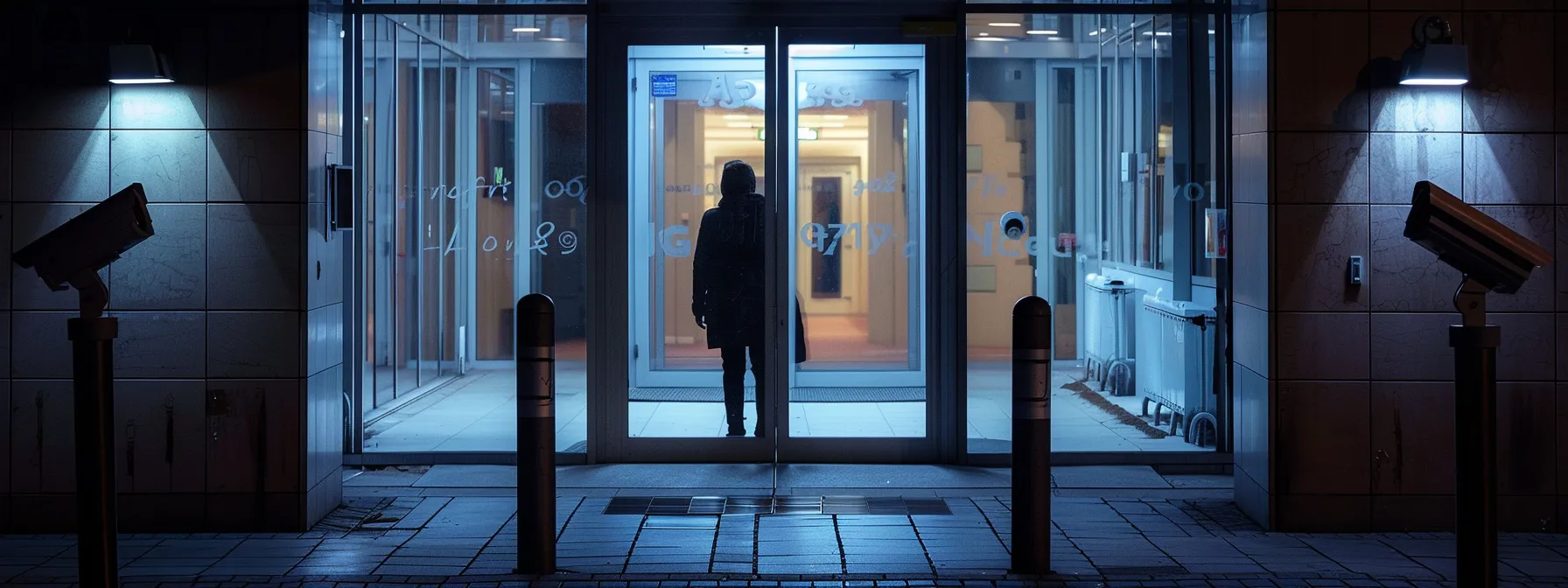 a person examining security cameras at the entrance of an apartment complex.