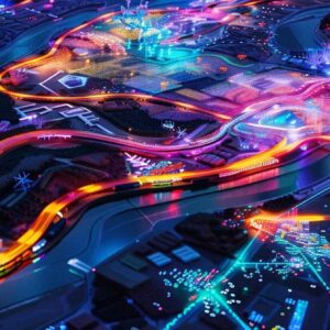 a captivating aerial view showcases a vibrant digital landscape segmented into colorful, interconnected pathways, each representing different ai programming languages, illuminated by a futuristic glow.