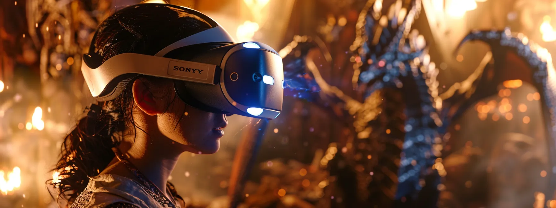 a person wearing a vr headset exploring a mythical world filled with knights and dragons.
