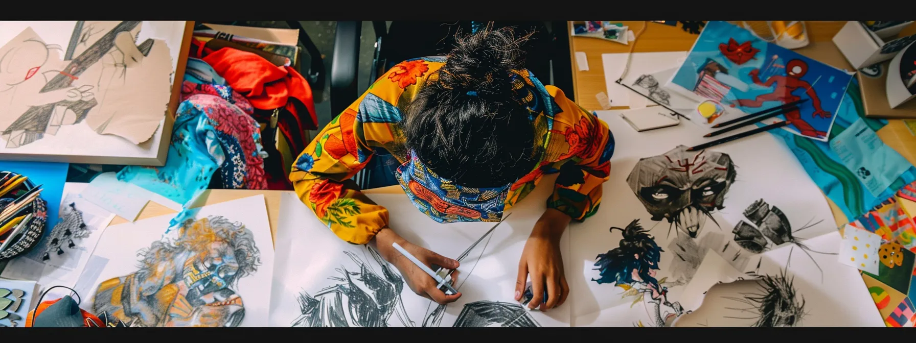 a person surrounded by colorful fabrics, mask designs, and sketches of superhero costumes.