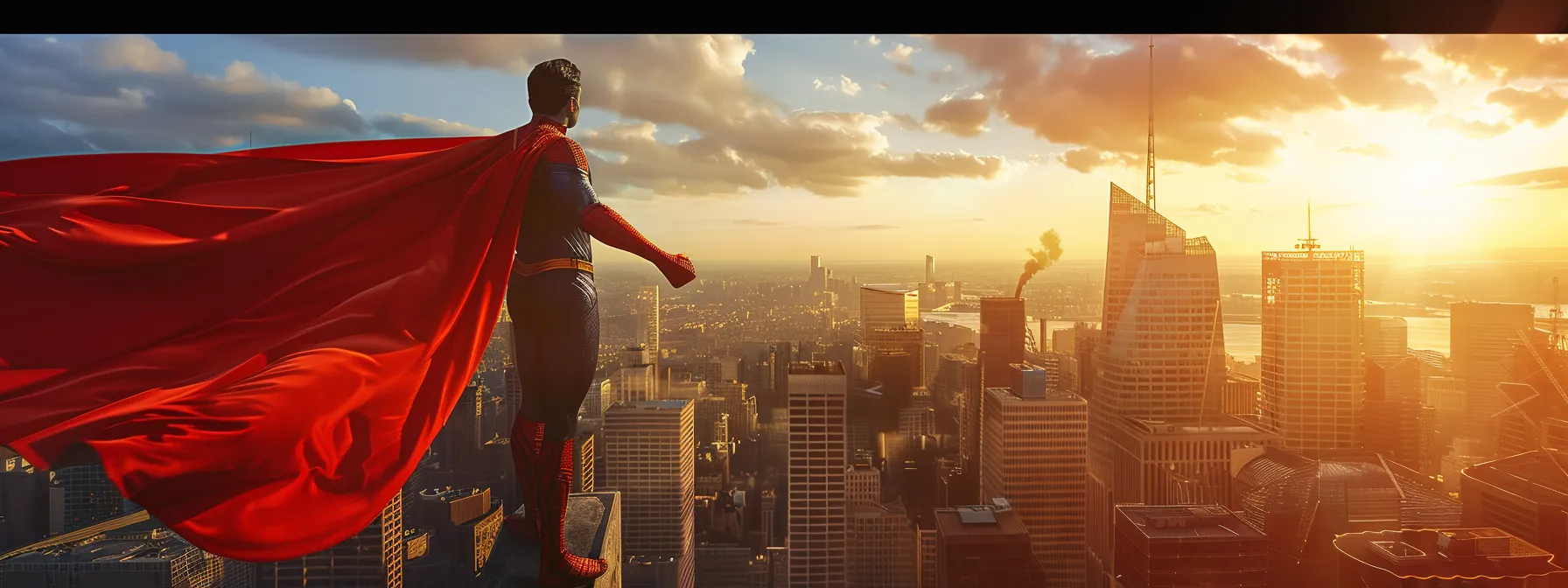 a superhero standing on top of a building, looking out over the city with a confident and proud stance.