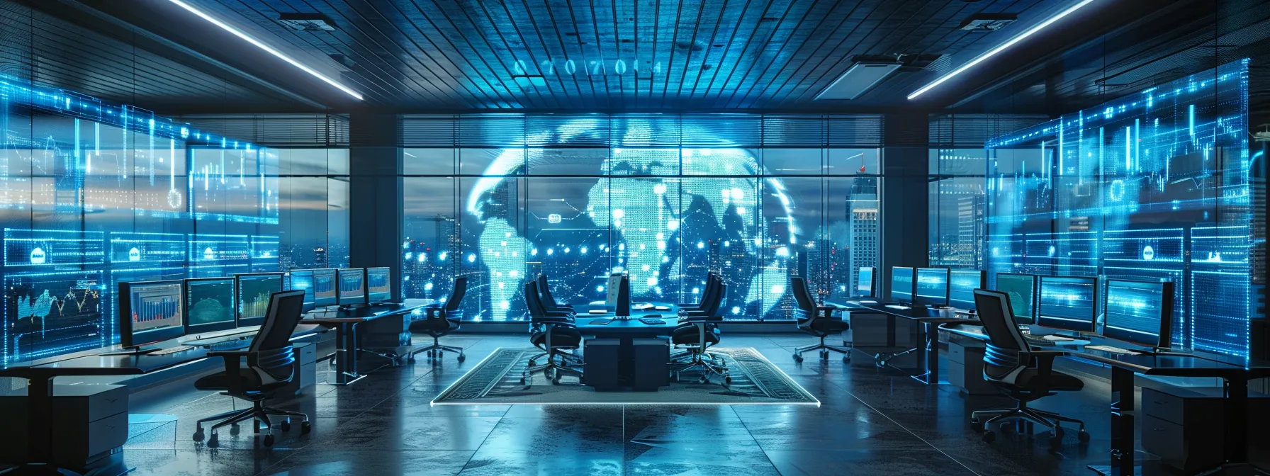 a futuristic office environment filled with holographic displays showcasing dynamic data analytics and ai-driven seo strategies, highlighting the integration of otto technology in a sleek, modern workspace.