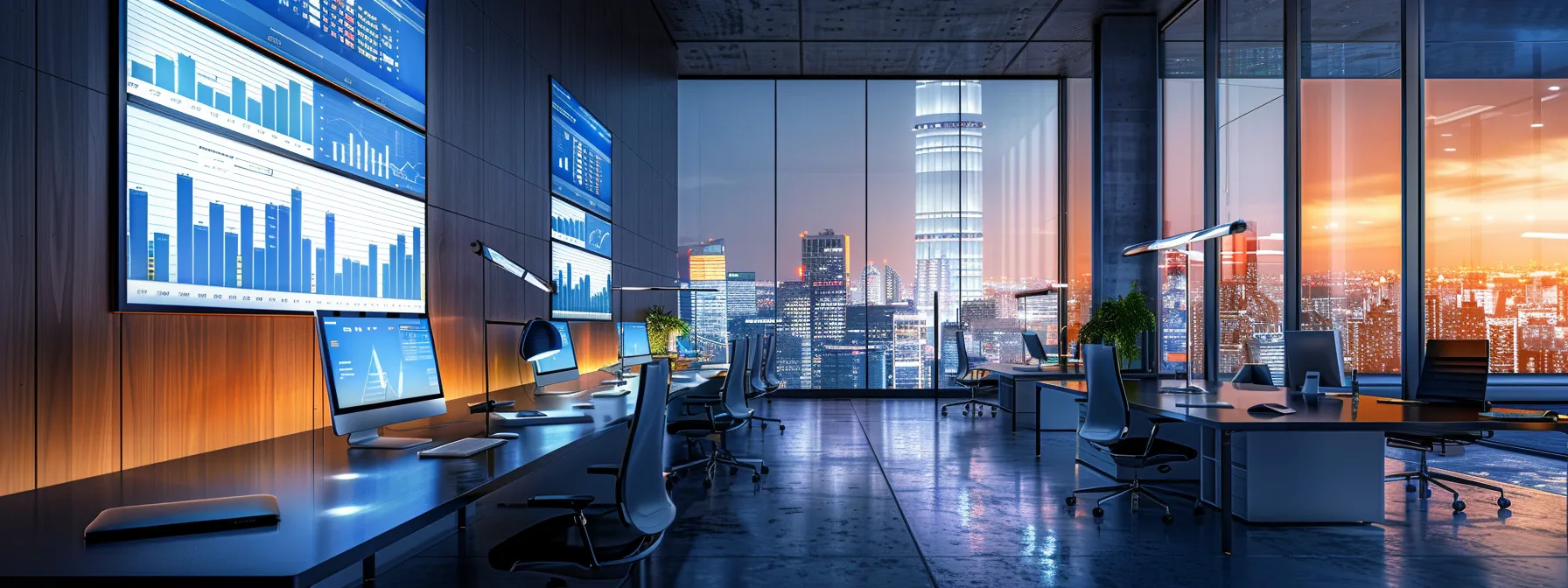 a sleek, modern office workspace is illuminated by soft, focused lighting, featuring multiple screens displaying dynamic graphs and analytics, symbolizing the power of otto's machine learning technology enhancing content strategy.