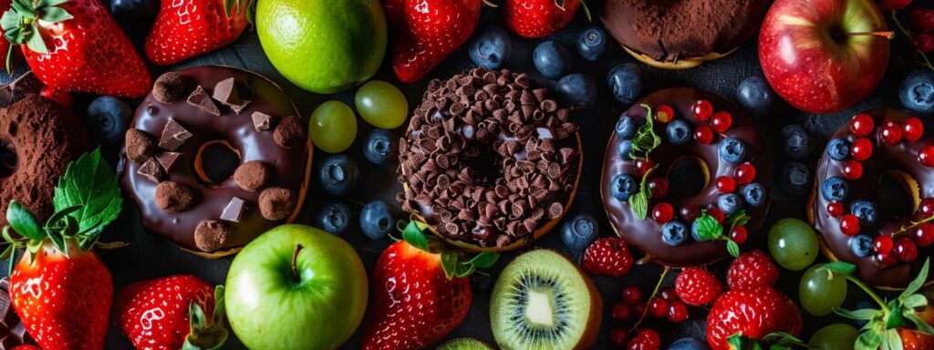 a beautifully arranged platter of rich chocolate donuts artfully garnished with fresh fruits and vibrant greens, illuminated by soft, natural light to emphasize the balance of indulgence and nutrition.