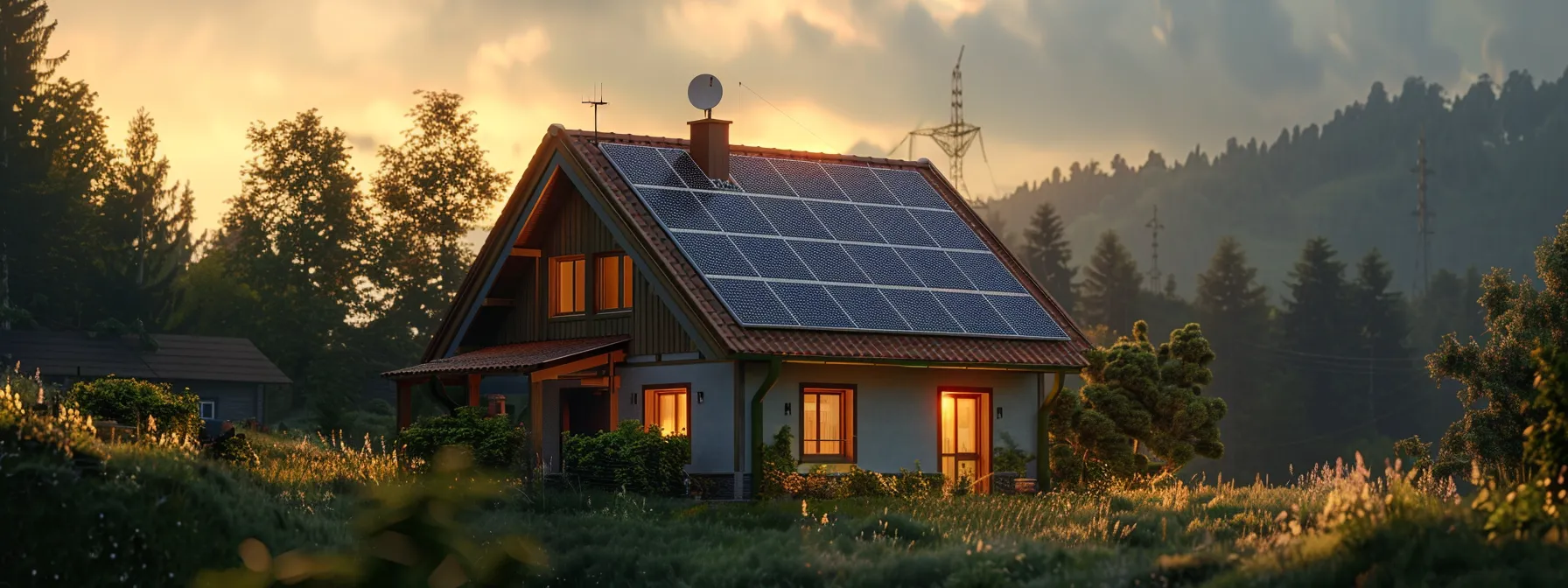 a house with solar panels on the roof, standing independently from the power grid.