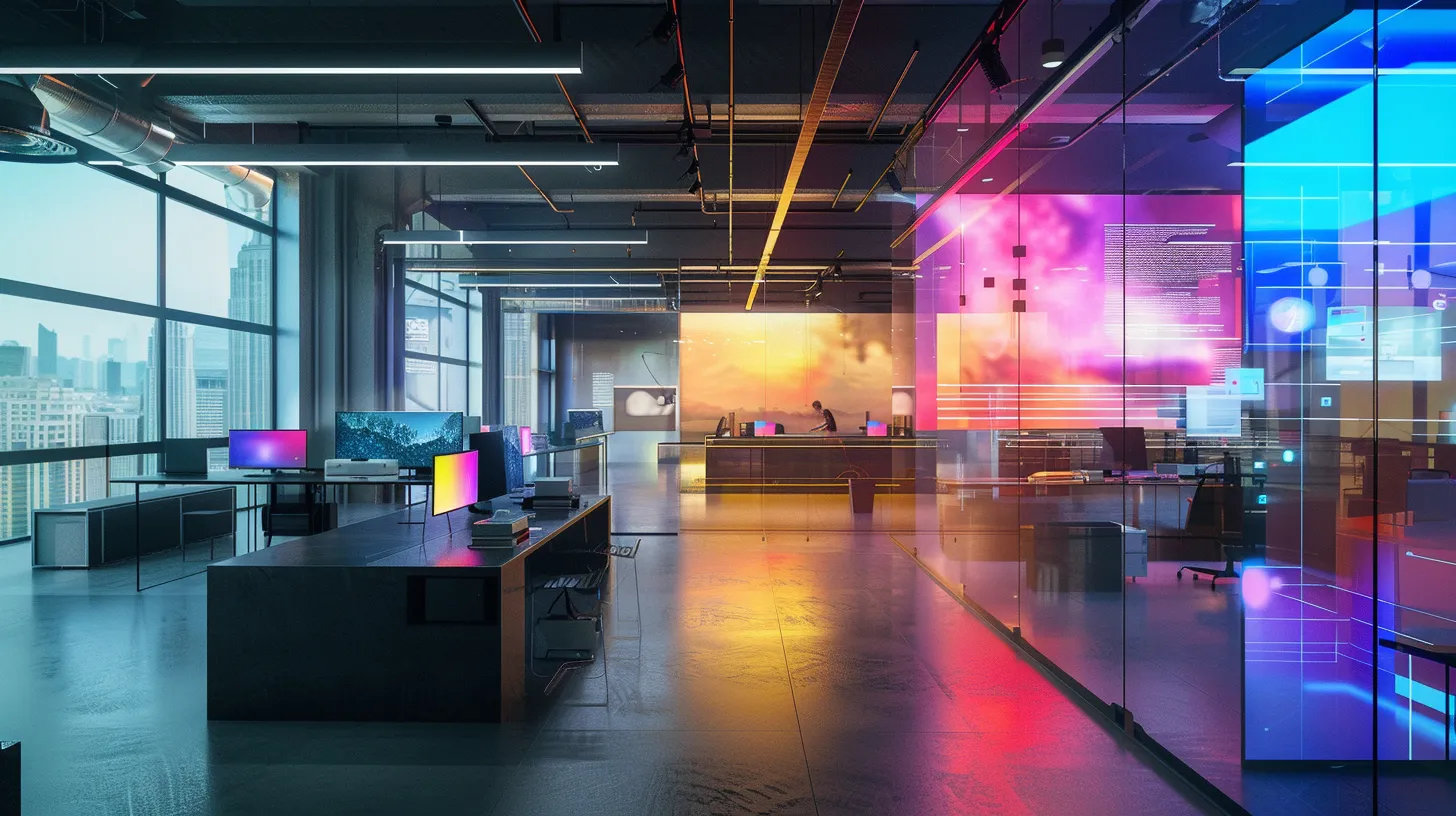 a sleek, modern office filled with vibrant tech gadgets and dynamic holographic displays, illuminated by sharp, overhead lighting that highlights the innovative atmosphere.