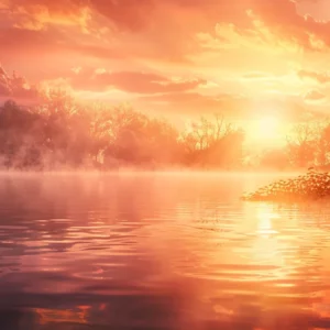 a vivid and serene landscape reveals a breathtaking sunrise over a tranquil lake, with mist gently rising from the water's surface and vibrant hues of orange and pink reflecting off the glassy expanse.