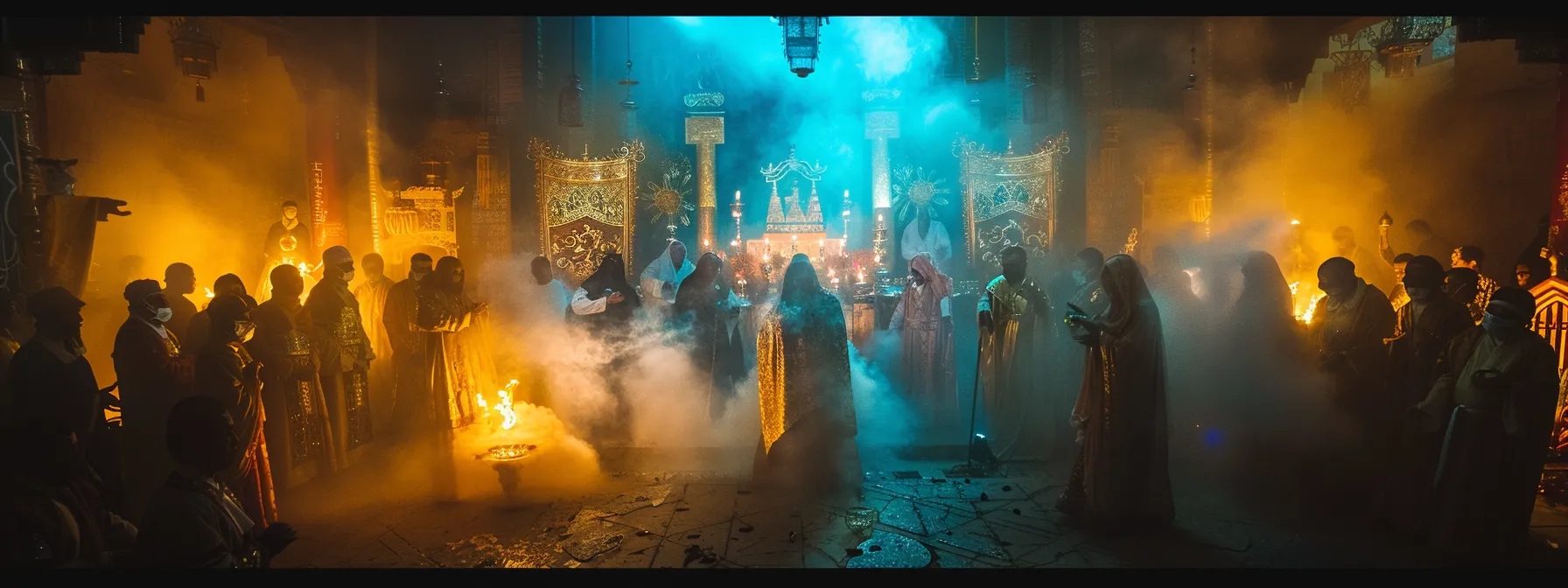 a group of people in elaborate robes performing a mysterious ritual around a glowing altar.