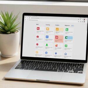 Organized digital workspace showcasing a laptop with bookmarks, emphasizing productivity and clarity