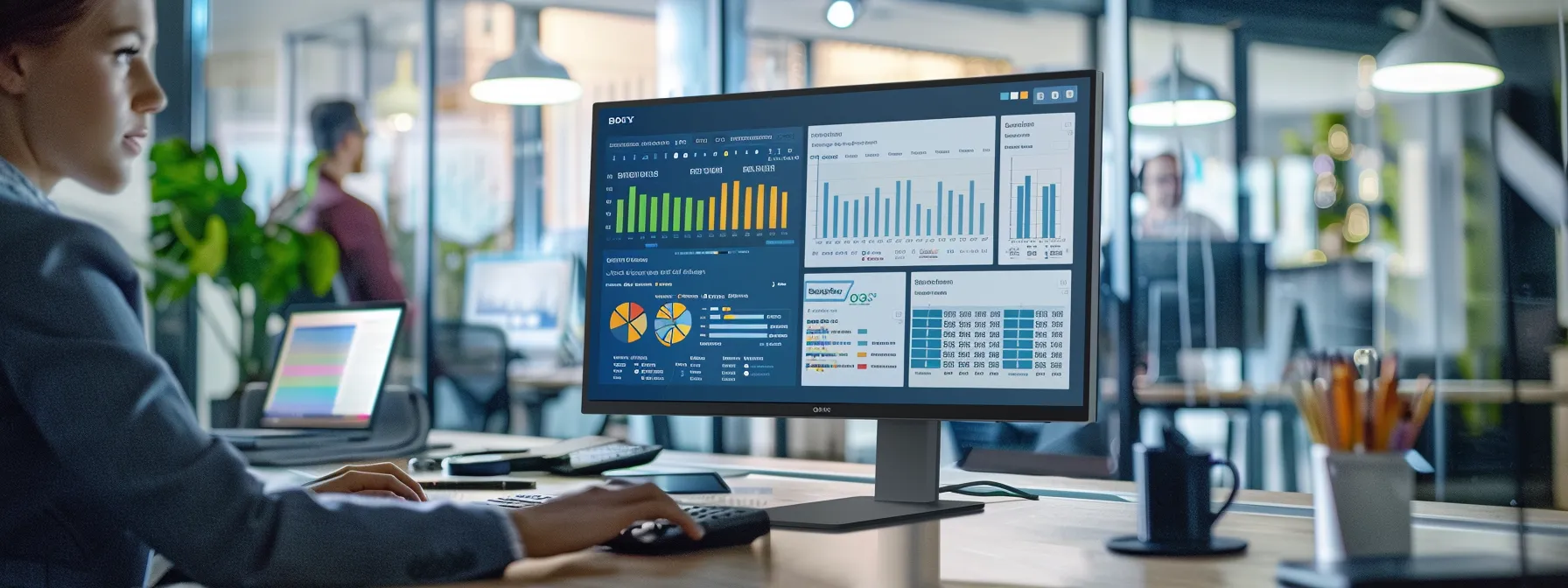 a dynamic office environment with a sleek computer setup prominently displaying an advanced seo dashboard, featuring vibrant graphs and analytics, while a team collaborates around a modern conference table, highlighting the integration of otto into their workflow.