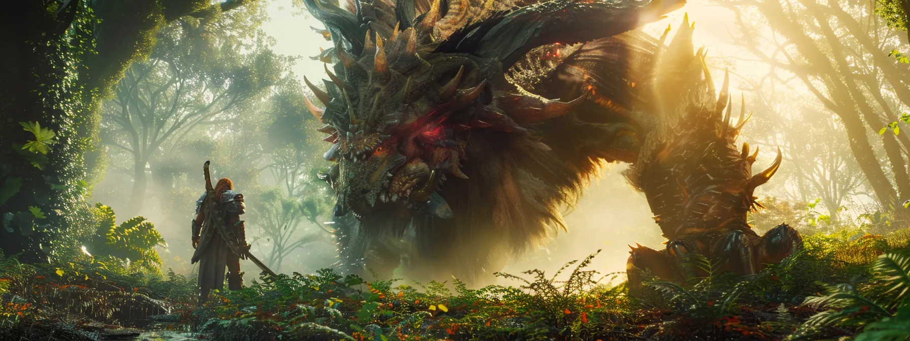 a hero facing a mythical creature in a lush and vibrant landscape.