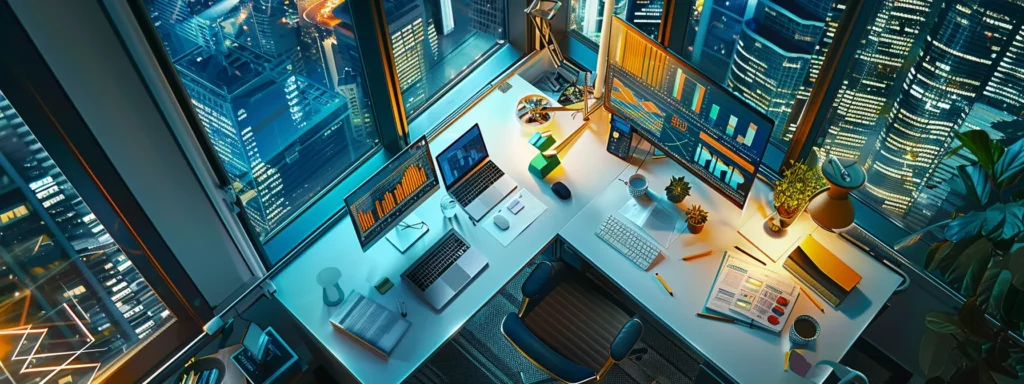 a striking overhead view of a modern workspace, featuring a sleek laptop surrounded by vibrant graphs and charts, illuminated by natural light streaming through large windows, symbolizing the strategic budgeting of content creation and management.