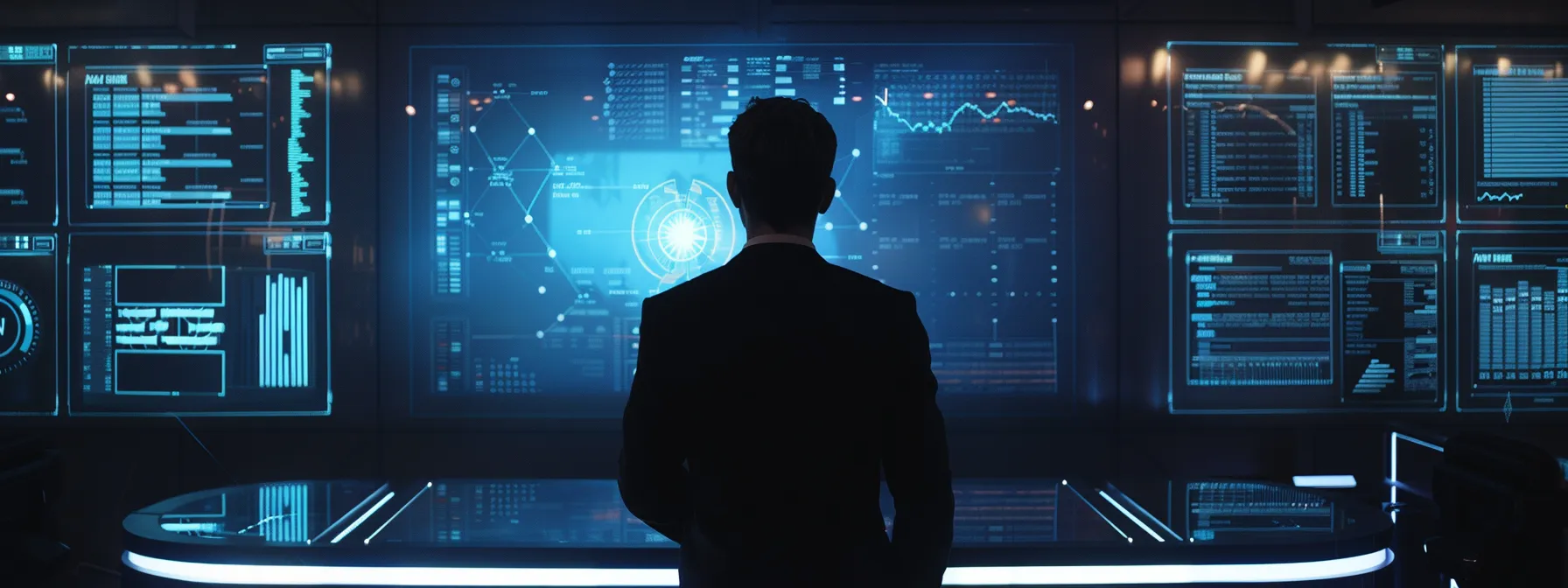 a lawyer studying a futuristic holographic contract display, symbolizing the evolving landscape of estoppel in contract law.