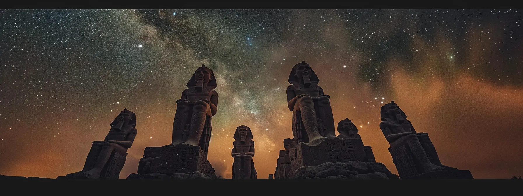 ancient statues surrounded by swirling mist under a starry sky.
