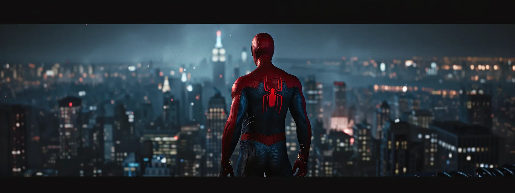 a superhero stands alone on a rooftop, gazing out over a city shrouded in darkness.