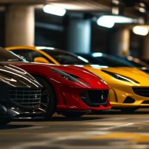 a row of sleek, shiny sports cars parked in a dimly-lit underground garage.