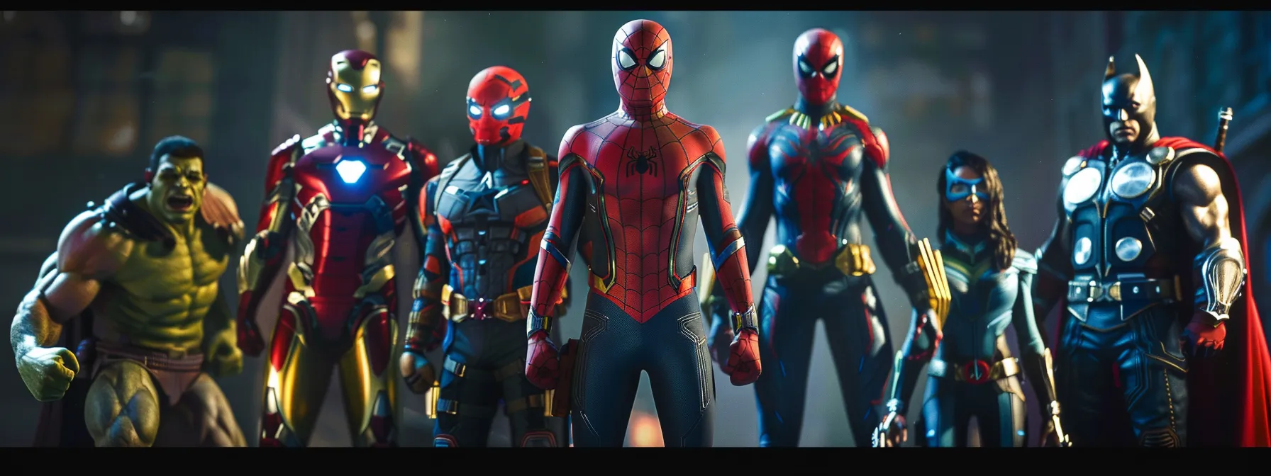 a group of diverse superheroes standing together, ready to fight.