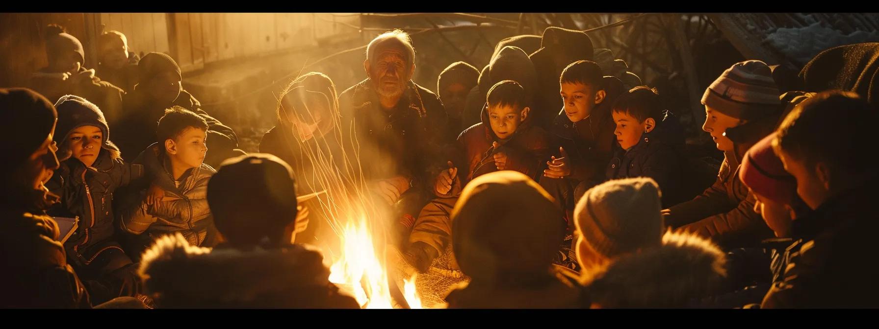 a group of people gathering around a fire, listening intently to an elder as he recounts ancient tales of their ancestors.