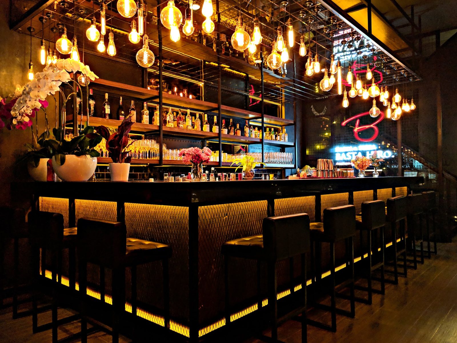 a bar with many lights