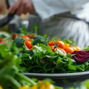 green leaves and colorful vegetables being carefully arranged on a plate in a professional kitchen.
