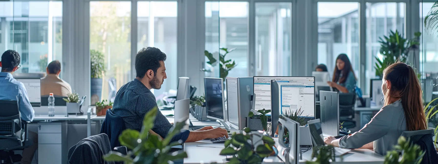 a busy office with employees working rapidly on computers and tablets, seamlessly integrating form builder automation into their workflow.