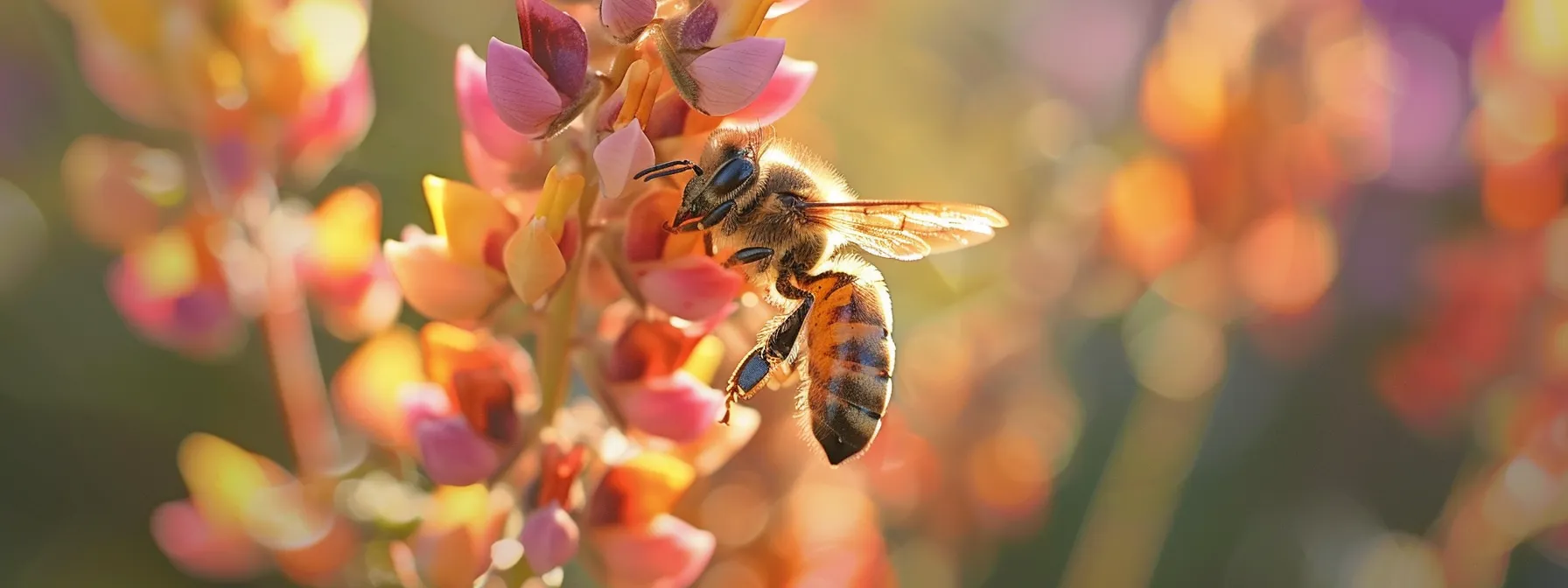a bee hovering over a colorful flower, transferring pollen to aid in food production.