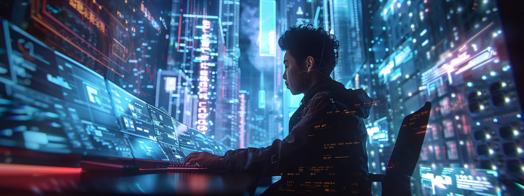 a person typing furiously on a computer while surrounded by glowing screens and charts.