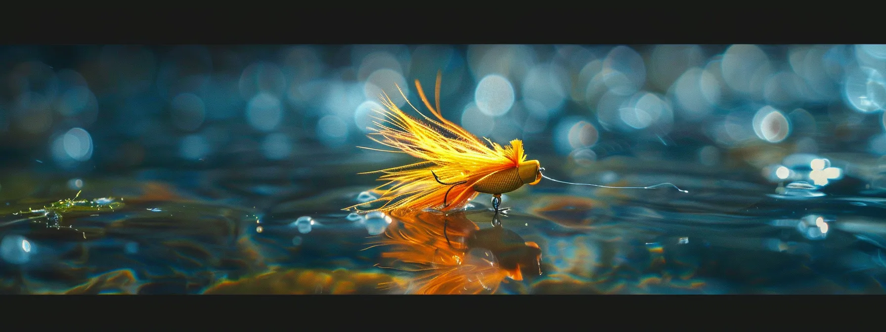 a fly fishing lure with yellow feathers floating on the water.