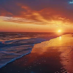 a vibrant sunset over a peaceful beach.