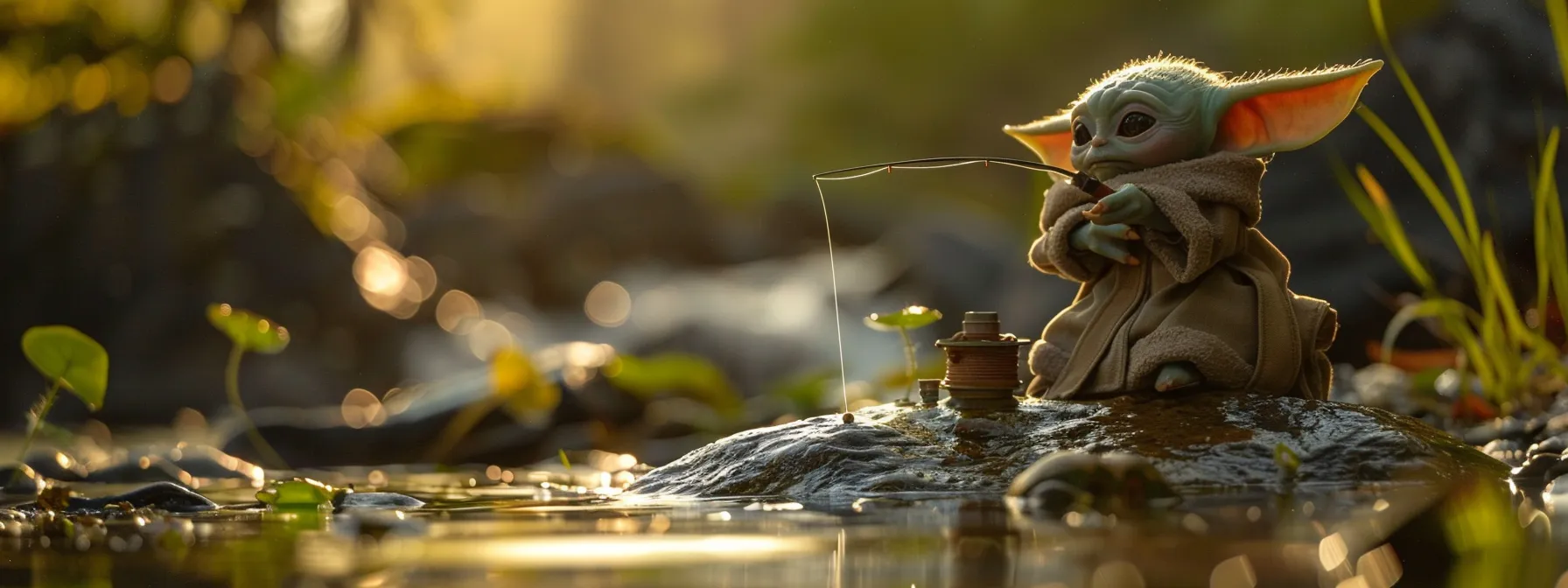 baby yoda using advanced fishing techniques with dry fly bait.