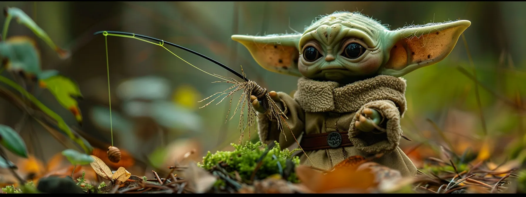 baby yoda holding various dry fly patterns for fishing.